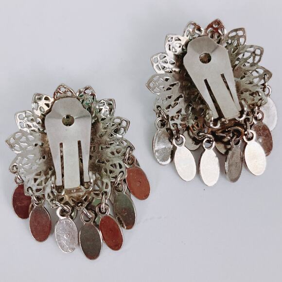 Vintage Mid Century Silver Tone Filigree Dangle Charm Tassel Clip On Earrings - Picture 8 of 12
